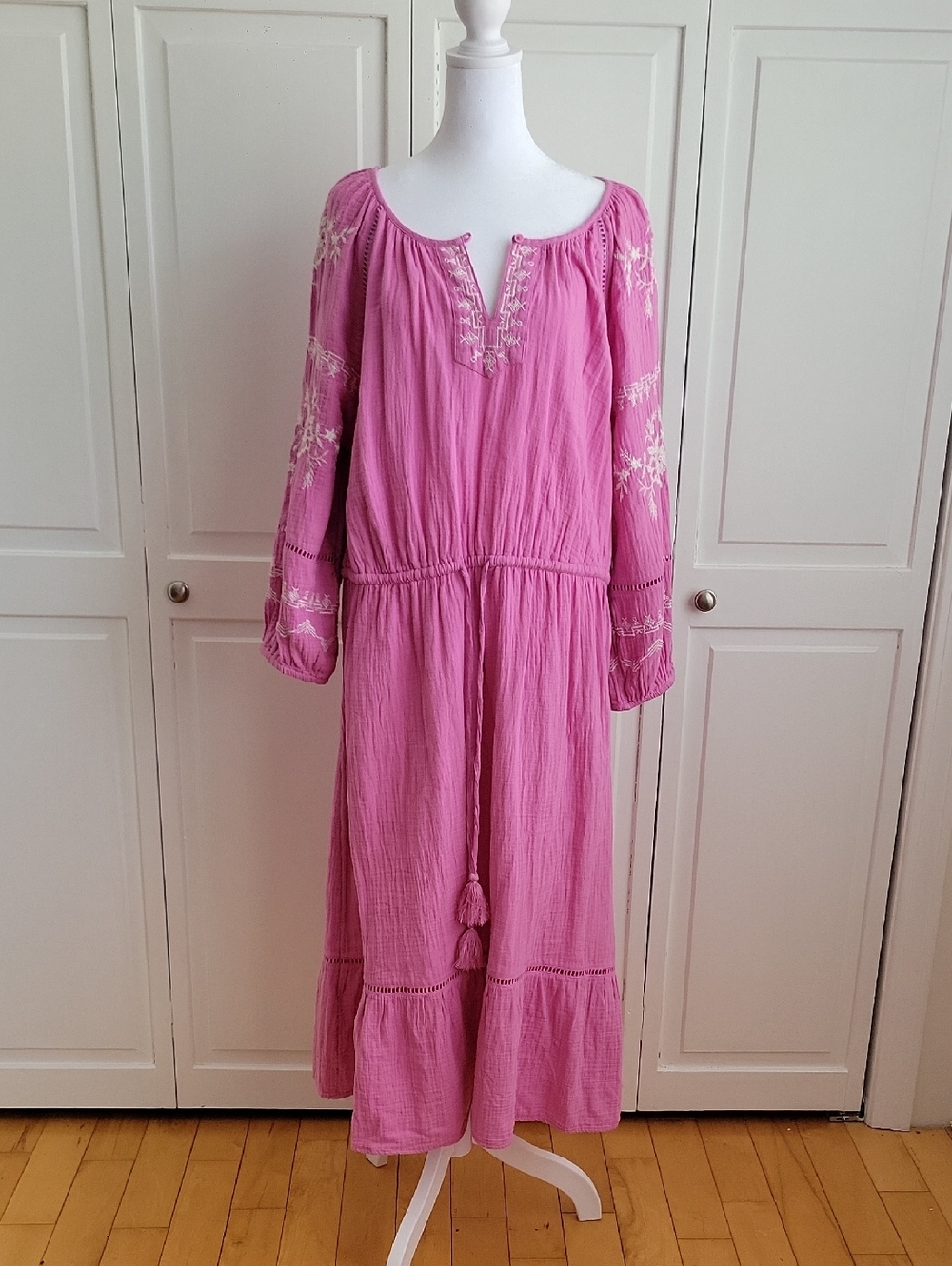 Style & Co. Pink Embroidered Tassel Waist Maxi Dress